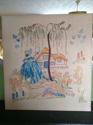 Vintage Crinoline Lady Large Hand Embroidered Picture Panel