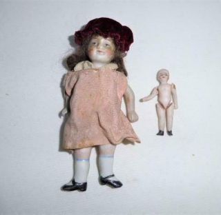 Antique All Bisque Jointed Mignonette Pocket Doll 2 B Strung & 1 7/8 Bisque Doll