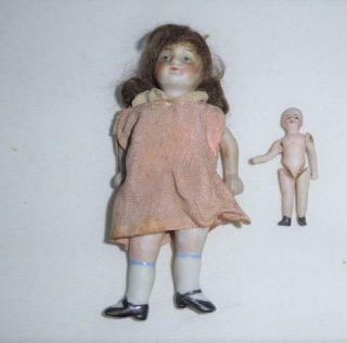 ANTIQUE ALL BISQUE JOINTED MIGNONETTE POCKET DOLL 2 B STRUNG & 1 7/8 BISQUE DOLL 2