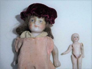 ANTIQUE ALL BISQUE JOINTED MIGNONETTE POCKET DOLL 2 B STRUNG & 1 7/8 BISQUE DOLL 3