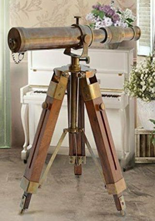 Telescope Antique Finish Nautical Maritime With Brown Wooden Table Tripod Stand