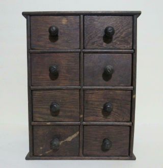 Early Antique Primitive Oak Wood 8 Drawer Spice Cabinet Kitchen Decoration Piece