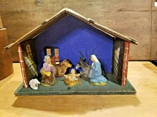 Vintage Antique Christmas Manger Creche Nativity Paper Mache Figures