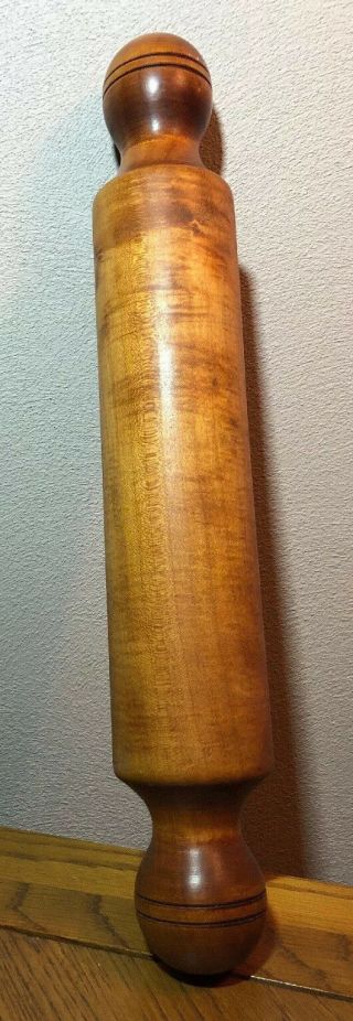 Antique Hand Turned One Piece Solid Wood Rolling Pin Ball Ends Vintage Primitive