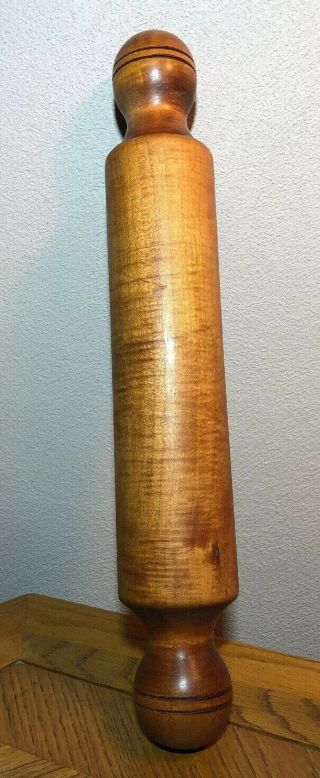 Antique Hand Turned ONE PIECE Solid Wood Rolling Pin BALL ENDS Vintage Primitive 2