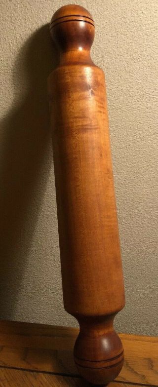 Antique Hand Turned ONE PIECE Solid Wood Rolling Pin BALL ENDS Vintage Primitive 3