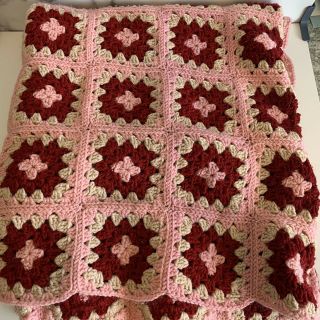 Hand Made Crochet Granny Square Afghan Throw Blanket Pink Multi 73 X 42 C10