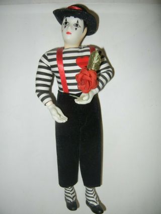 12 " Harlequin Mardi Gras Jester Doll Plastic Cloth Black / White Stripe Red Rose