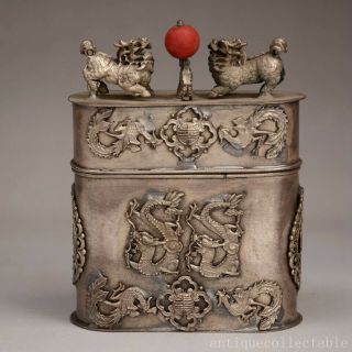 Collect Old Tibet Silver Hand Carve Myth Dragon & Phenix & Kylin Auspicious Box