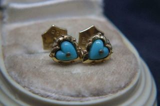Lovely Antique Art Deco Faux Turquoise & Rolled Gold Heart Earrings Af