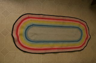 Vintage Crocheted Amish Pastel Rainbow Polyester Folk Area Rag Rug Oval 20 " X49 "