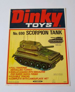 Vintage Very Rare Dinky Diecast Shop Display Poster 9 " X7 " 690 Scorpion Tank Ww2