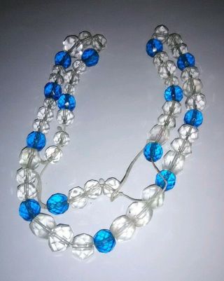 Antique Art Deco Blue Rock Crystal Bead Necklace Faceted Cut Glass Vintage