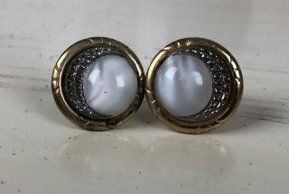 Vintage Cuff Links Faux Mother Of Pearl Gold Color Silver Tone Round Sun Moon