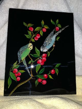 Vintage Antique Foil Folk Art Reverse Painted On Glass Bird Parakeet Cherries