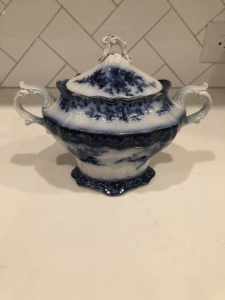 Antique Flow Blue Touraine Pattern Sugar Bowl By Stanley