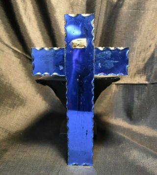 Vintage Antique Art Deco Blue Mirrored Beveled Cut Glass Crucifix Inri 12 " Tall
