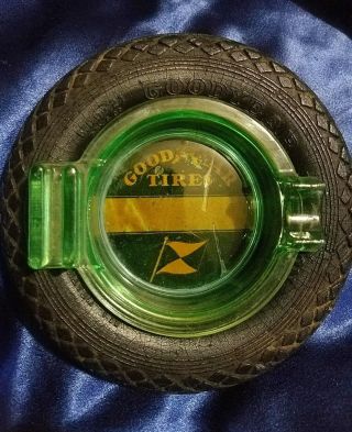 Vintage Goodyear Tire Ashtray Green Depression Glass Antique