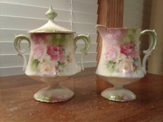 Antique Unmarked Rs Prussia Pink Roses Hand Painted Sugar Bowl And Creamer