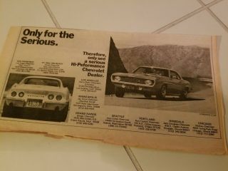 Rare 1969 Chevy Camaro,  Corvette/only For The Serious Newspaper Ad Hp Chevy.