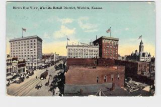 Antique Postcard Kansas Wichita Birds Eye View Wichita Retail District 1914 Trol