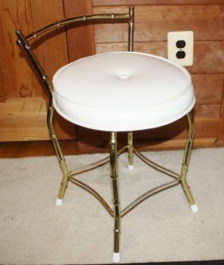 Vintage Mid Century Modern Gold Plated Brass Faux Bamboo Stool Vanity Bench Grea