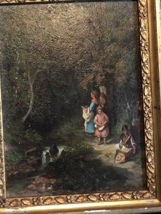 Antique Signed Framed Oil Painting On Wood Children In Woods