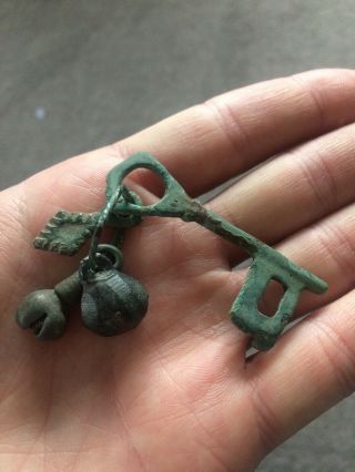 Ancient Roman Bronze Casket Key With Charms 3 - 4th C Ad Uk