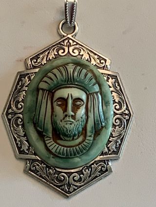 Listing - Antique Egyptian Revival Pharaoh Czech Glass Pendant.  Silver -