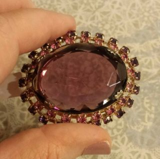 Antique Oval Purple Glass Pin Brooch,  Double Halo Pink & Purple Crystal Goldtone