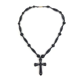 Antique Victorian Cross Pendant Necklace Jet Black Glass Beaded Mourning 20”