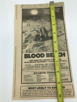 Rare Blood Beach Opening Day Newspaper Theater Ad Hollywood Horror