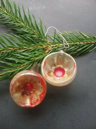 2 Vintage Antique Christmas Feather Tree Glass Ornaments Indents Paper Thin