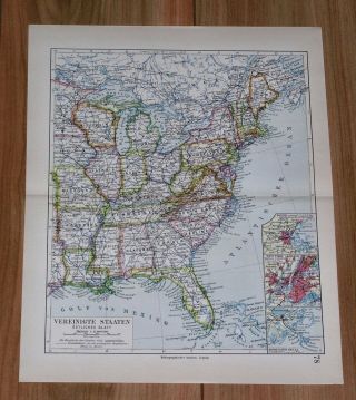 1928 Vintage Map Of Eastern United States / Florida Virginia York