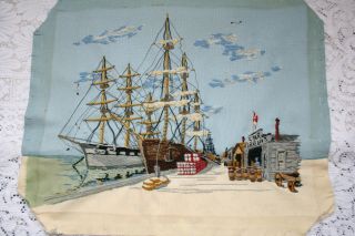 Beautifully Hand Embroidered Large Vintage Picture Sailing Ships At Quayside