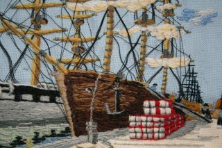 Beautifully Hand Embroidered Large Vintage Picture Sailing Ships At Quayside 2