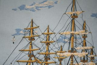 Beautifully Hand Embroidered Large Vintage Picture Sailing Ships At Quayside 3