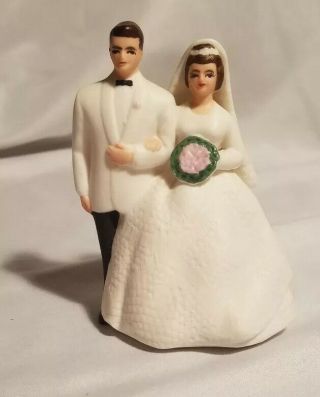 Bride & Groom Cake Topper / Figurines Vintage White Suit Pink Bouquet 4 " Tall