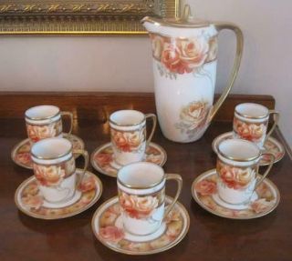 Rare Rs Germany Prussia Cocoa Chocolate Set Pot 6 Cups Saucers Peach Roses