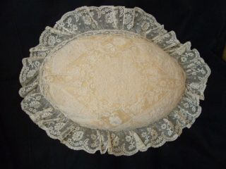 Vintage French Normandy Lace Boudoir Pillow Oval Shape Down Filled Insert