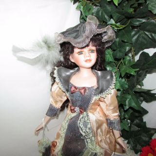 Samantha Medici Vintage Porcelain Doll Brown Curly Hair Fancy Dress Parasol