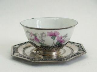 Fine Antique Chinese Porcelain Cup With Silver Mounts & Saucer 1
