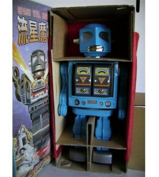 Rare Space Evil Blue With Chrome Eyes Robot Metal House Japan Mib