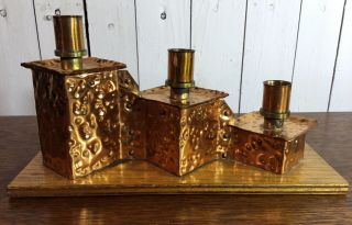 Vintage Antique Triple Candlestick Holder Hammered Copper Arts And Crafts