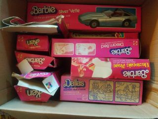 Box Full Of Vintage Mattel Barbie Boxes Only Vette Dallas Piano Horse Bed Ken