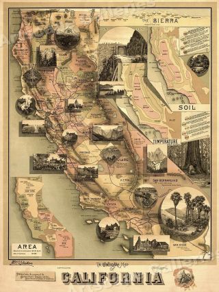 1880s " Unique Map Of California " Vintage Style Map - 20x28
