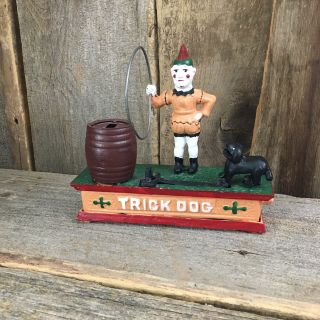 Vtg Cast Iron Trick Dog Mechanical Bank Antique Jumps Hoop Piggy Bank