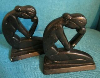 Vintage Metal Art Deco Nude Thinking Lady Bookends