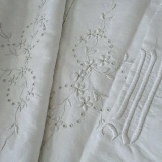 Pr Antique Italian Linen Hand Embroidered 36 " Pillow Slips Flowers,  Monogram W