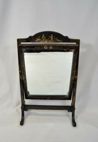 Vintage Black Lacquer Frame Table Mirror Standing Oriental Style
